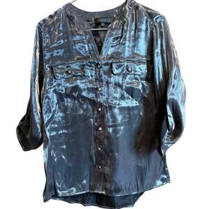 Elementz Women Shirt Top  Silver Gray Button-Down Shimmer Roll Sleeves Medium